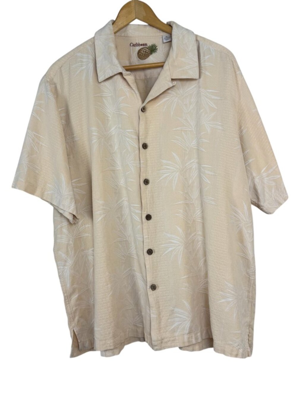 Caribbean Men's XL Silk Cotton Blend Hawaiian Pale Peach Bamboo Button Up Shirt